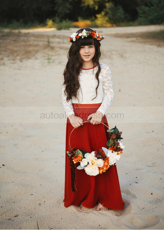 Ivory Lace Terracota Chiffon Autumn Flower Girl Dress